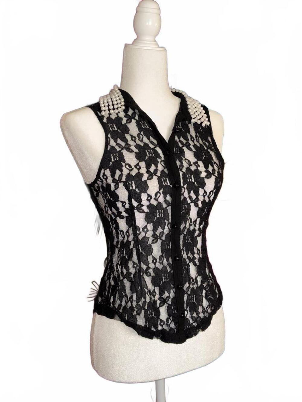 Y2K Say What? black lace button up blouse with pearl collar and black lace trim